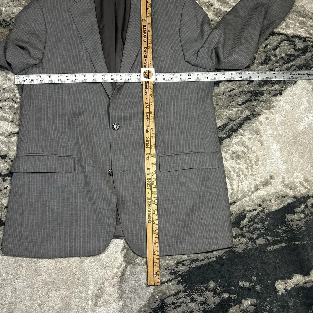 Lauren Ralph Lauren Blazer Sport Jacket 46 L Gray 100% Wool Trim Fit Pin Striped
